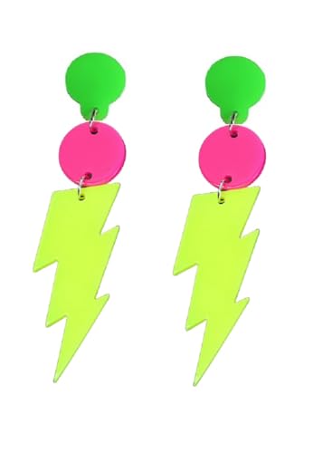 80s Neon Earrings for Women Colorful Lightning Acrylic Drop Earrings Retro Geometric Thunder Flash Lightning Drop Earrings for 80's Outfit Glow Party Accessories