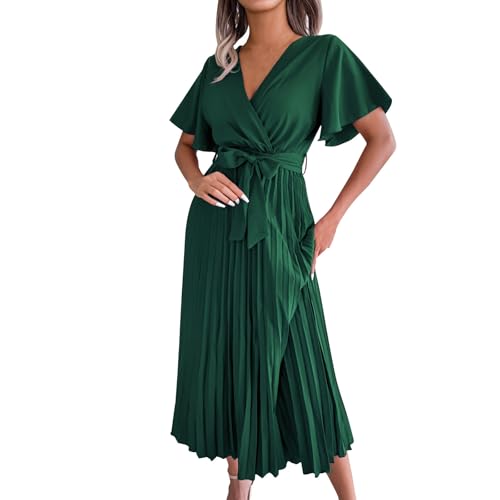 Vestidos femininos franzidos de manga curta para outono verão gola V chiffon maxi longo rodado pliss