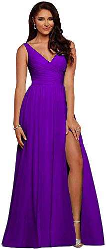Fashionbride Women's V Neck Bridesmaid Dress with Slit,A Line Pleated Chiffon Formal Evening Prom Party Formal Gowns Purple