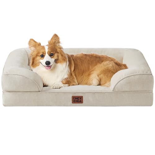 EHEYCIGA 犬 ベッド ペットベッド 防水 猫 ベッド 洗える 犬用 クッション 高反発 取り外せるカバー 滑り止め オールシーズン 中型犬 大型犬(89x56x16.5cm，ベージュ)