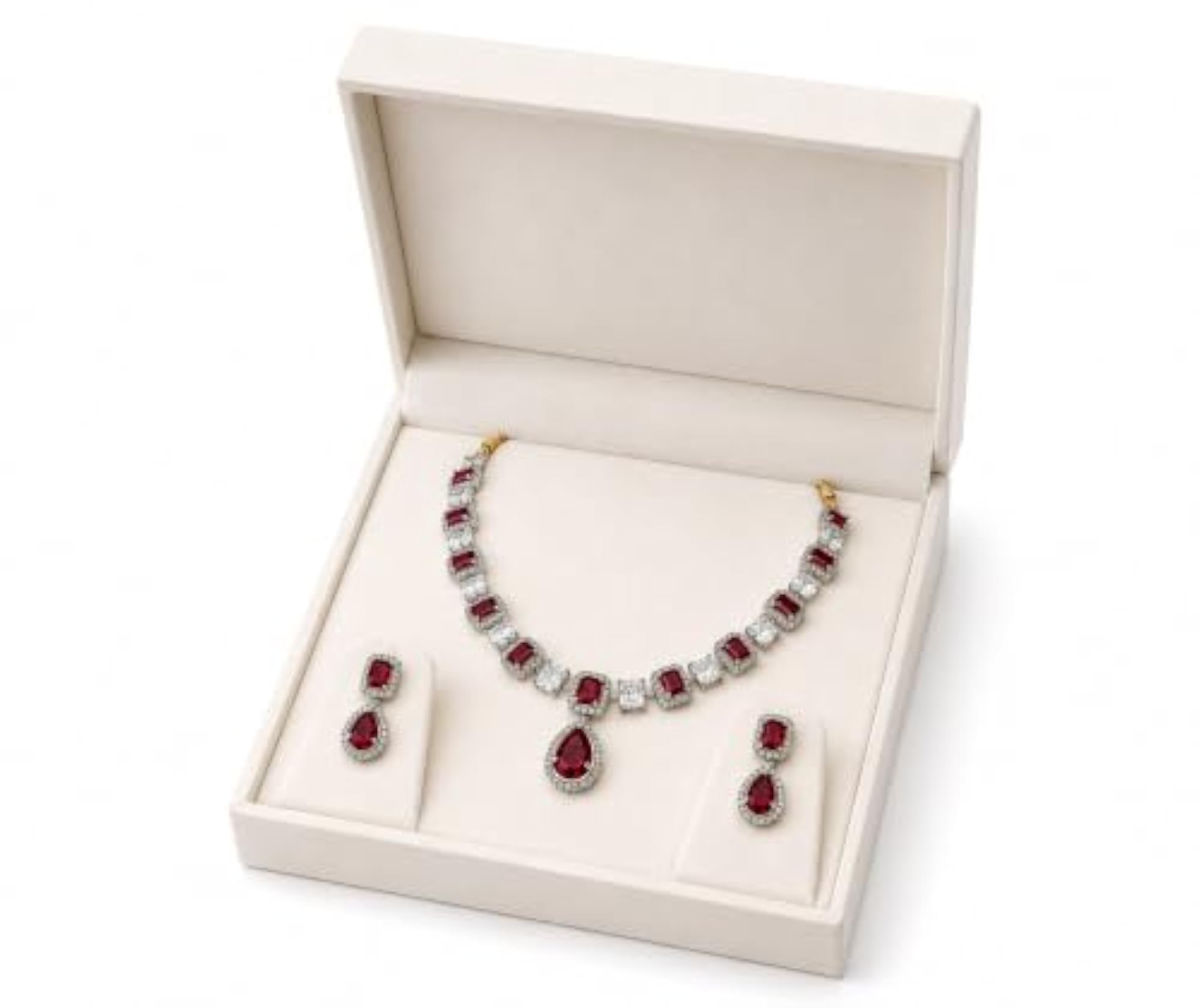 Ruby Red and White Crystal Necklace and Earrings Bridal Set