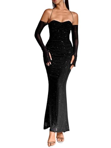Parthea Women’s Sexy Sequin Sparkly Glitter Dresses Off Shoulder Long Sleeve Cocktail Evening Party Elegant Maxi Dress
