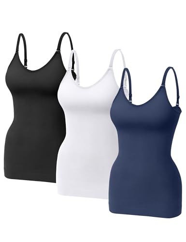 KIKIMINK Womens Shapewear Tank Tops Tummy Control Seamless V-Neck Spaghetti Strap Body Shaper Compression Slimming Camisole - Black White Navy Large