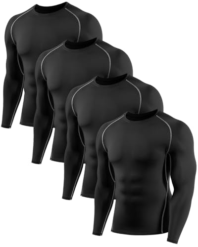 Orrfreer 4 Pack Men's Long Sleeve Compression Base Layer Top Quick Dry Long Sleeve Running Top Mens Tight Baselayer Tee Shirts All Season for Running Training 4 Black XXL