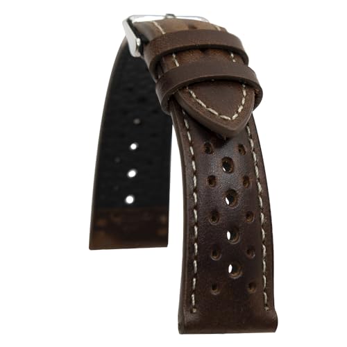 Bracelet montre Rally en cuir marron vintage et coutures blanches fait main