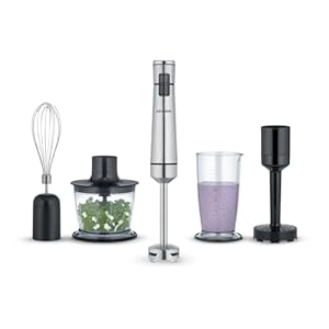 SEVERIN SM 3775 Draadloze staafmixer met premium set, afneembare mixstaaf, met pureerstaaf, multi-hakmolen, mixer, aardappelstamper en garde, zwart/geborsteld roestvrij staal