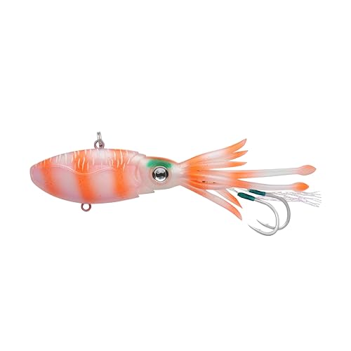 Nomad Design Squidtrex Patented Vibrating Fishing Lure- Scent Added TPE Soft Plastic Lure for Saltwater w/Strong BKK Assist Hooks, Fishing Bait That Catches Many Species, 150mm, 4 3/4oz- Orange Tiger
