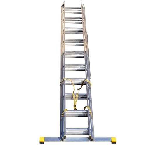 Trade Master Pro 3 Section Extension Ladder | Auto Locking Clips | Aluminium | Anti Slip Stabiliser bar | Massive 150kg Weight Rating | EN131 Pro Certified | Size: 6.26m