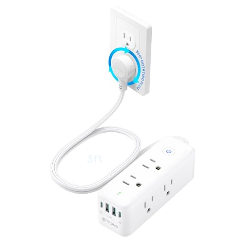 Image of TROND Surge Protector Power Strip with 360 Rotating Flat Plug, White | 3ft Extension Cord, 6 Widely Spaced Outlets and 2 USB-C PD20W Ports, 1440J Surge Protector for Home Office Dorm Essentials
