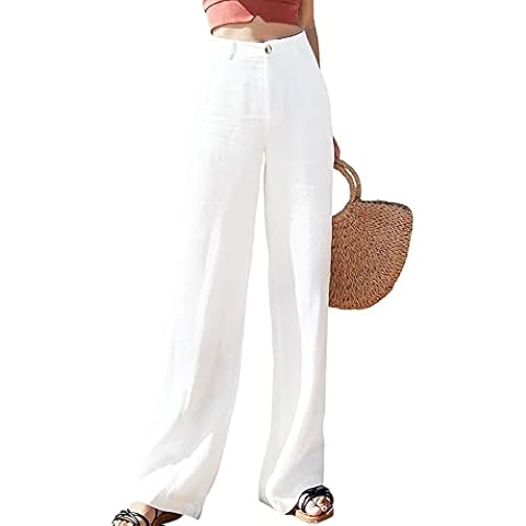 Edjude Women's Casual Trousers Wide Leg Long Pants High Waist Loose Palazzo Trousers Pants Size L White Cover