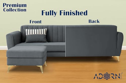 Image of Adorn India Premium Luster 4 Seater L Shape Sofa Set | Velvet Suede Fabric | 3-Year Warranty | Color Dark Grey with Golden Legs & Striped Pattern Cushion