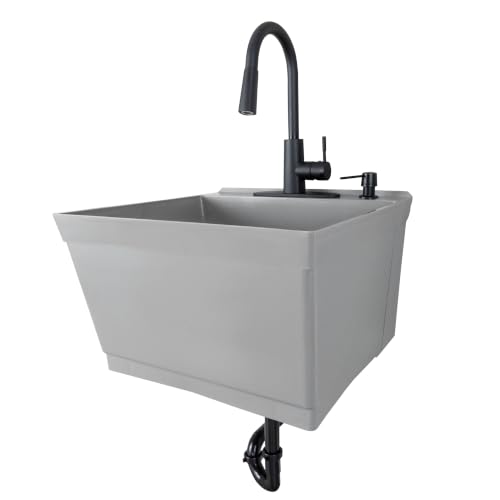 Image of JS Jackson Supplies Tehila Grey Wall-Mounted Utility Sink Tub Kit with Black Pull-Down Faucet, Wall-Mounted Utility Tub with Wall Bracket for Laundry Room, Garage, Workshop