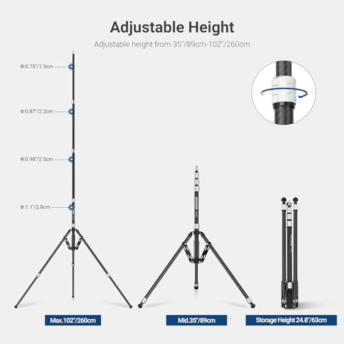 Image of NEEWER Carbon Fiber Tripod Stand w Reversible Legs, 35 inch-102 inch Portable Lightweight Photography Light Stand for Strobe Softbox Ring Light Action Cam DSLR Streaming Recording, 6.6lb /3kg Max Load, ST260C