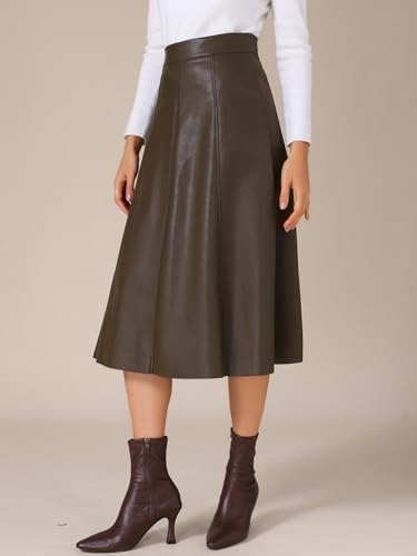 Allegra K Women's Faux PU Leather Skirt High Waist Party A Line Midi Skirts3