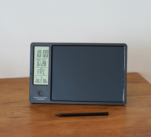 D-MASTERY Bloc de notas electrónico, tableta electrónica, notas escritas a mano, tablero de mensajes, termómetro, higrómetro, alarma, calendario de escritorio, con soporte, recargable, bolígrafo