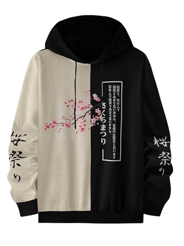 WDIRARA Men's Color Block Hooded Sweatshirts Letter Graphic Long Sleeve Drawstring Hoodies