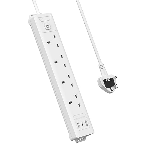 Mscien 4 Way 5m Extension Lead with USB Slots (1 USB C) Long Plug Extension Lead with 5 Metre Extension Cable Cords Plug Extender Wall Mount 4 Gang Socket Power Strip with Switch Multiplug