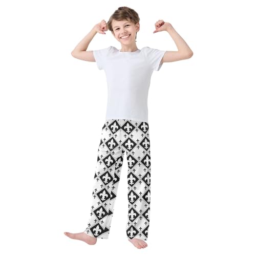 Black and White Fleur De Lis Boys Long Pants Soft Trousers Elastic Waist Kids Lounge Bottoms with Pockets S-XL2