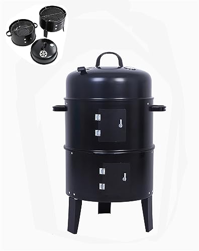 BBQ燻製器 燻製器 バーベキュー アウトドア スモーク コンロ 組立式 焼き 蒸し 万能ウオーター ドライスモーカー バーベキューコンロ 1台3役 スモーク グリル スチーム 組立式 コンパクト収納 グリラー温度計付き (ブラック)