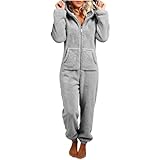AKTCVVJ Adult for Women Onesie Pajamas for Women One Piece Sherpa Hooded Jumpsuit Fleece Fuzzy Warm Romper Winter Adult with Pockets Dark Gray