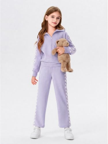 Image of Haloumoning Girls Sweatsuit 2 Piece Zip Long Sleeve Sweat Outfits | Half Zip,Waist drawstring,girls tracksuit