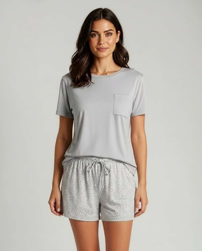 Image of Real Essentials 2 Pack: Women's Short Sleeve Pajama Short Set - Comfy Lightweight Soft Lounge Sleepwear (Plus