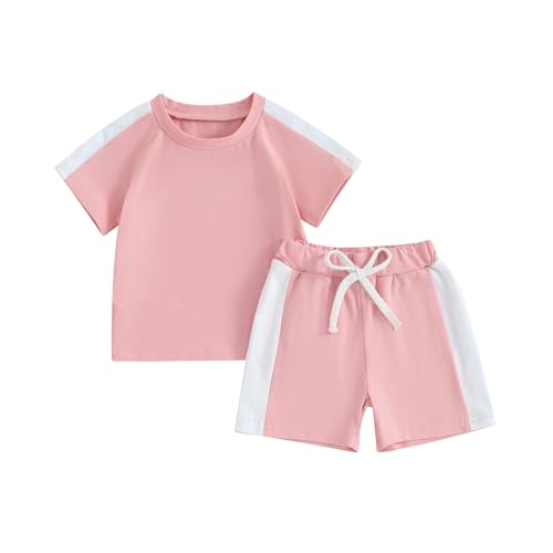 Image of Sejardin Toddler Baby Girl Clothes Summer Outfit Plaid Patchwork Short Sleeve T Shirt Tops and Stretch Casual Shorts Set