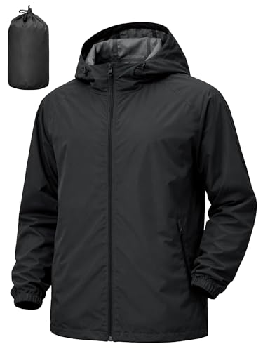 UIQUR Men's Rain Jacket Windbreaker Waterproof Jacket Raincoat Cycling Running Hiking Gear Hood Lightweight Packable Black XL