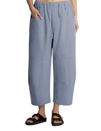 Lviefent Womens Wide Leg Barrel Pants Casual Elastic Waist Cotton Linen Ankle Length Trouser with Pockets (Dustyblue-L)