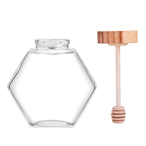 Denois Honey Pot Glass Honey Jar with Wooden Dipper and Cork Lid Cover for Home Kitchen, Clear, 14 Ounces