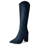  Lizoleor Bloc Side Zippées Pointu Femme Knee Bottes Talons Hauts Mode Denim Solid Color Long Bottes D\'Équitation Darkbleu-Rl Taille 33 EU