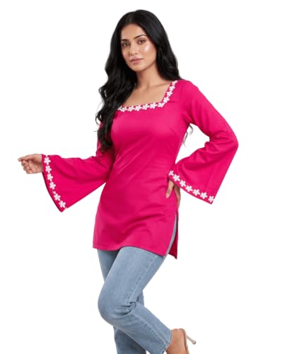 Image of MAHIRA'S Comfort Women's Short Kurti, Rayon Tunic Top with 3 /4 Embroidered Designer Sleeves | Soft Breathable Fabric | Office & Casual Kurti for Jeans, Leggings & Trousers