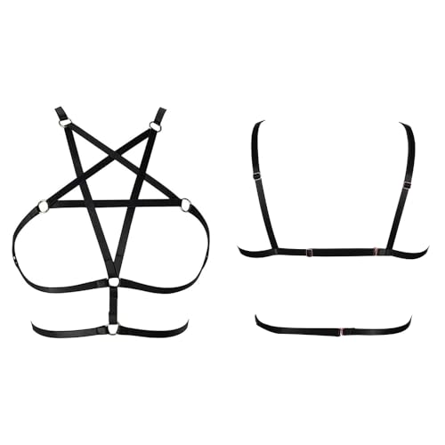 Women's Strappy Cage Bra - Sexy Cupless Bralette, Adjustable Criss Cross Harness Lingerie, Gothic Punk Style Hollow Out Crop Top, Elastic Bralette & Body Chain for Women Black