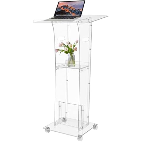 KSacry Acrylic Clear Podium Stand with Wheels,Plexiglass Pulpits for Churches,Conference,Speeches,Weddings,Classroom,Professional Presentation Podiums (23.6" L X 17.7" W X 49" H, Transparent) Cover