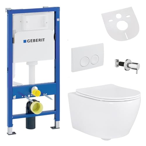 Belvit Hänge WC Set spülrandlos mit Taharet Funktion, Softclose Deckel und Geberit UP100 Vorwandelement Keramik Dusch WC
