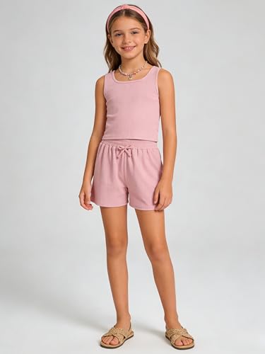 Image of Cakaner Tween Girls 2 Piece Outfit Set Summer Tank Top and Elastic Waist Shorts with Belt Size 7-14