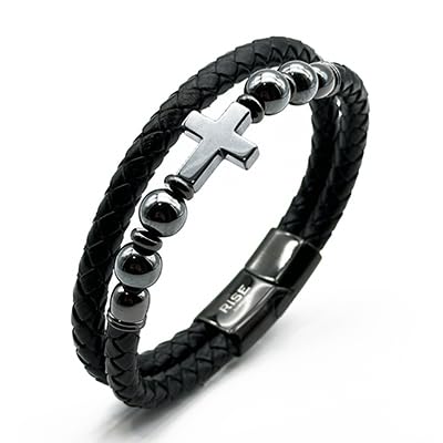 RISE SU MISURA Bracelet Gifts,Leather, Stainless Steel Cross Bracelets, Leather Rope Inspirational Bracelets Bangle Wristband Jewelry Gift for Men/Women (Hematite Cross RS1, 19cm)