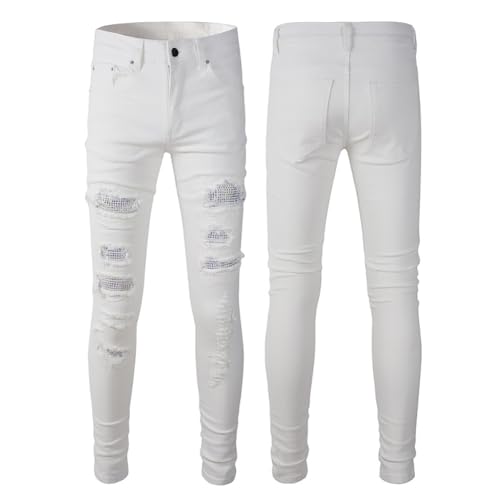 Men's White Stretchy Skinny Slim fit Ripped Distressed Jeans Destroyed Tight Leg Crystals Holes Pants