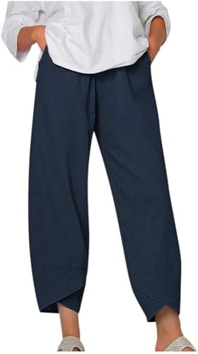 Womens Summer Cotton Linen Capri Pants Casual Comfy Baggy Palazzo Trouser with Pocket