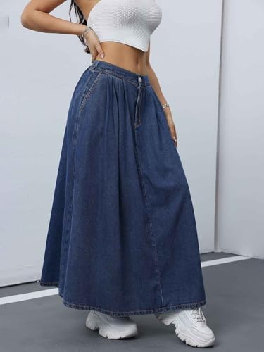 ebossy Women's Casual Pleated Back-Elastic Waist A-line Flowy Draped Maxi Denim Skirts with Pockets3