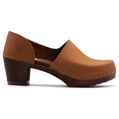 Sandgrens Handmade Swedish High Heel Wood Closed-Back Clogs for Women, US 6-6.5 | Brett Dexter Tan Nubuck DK, EU 37