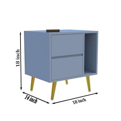 Image of Wooden Bedside Table for Bedroom | Wooden Bed Side Nightstand Lamp Table with 2 Drawers & Open Shelf Storage for Home & Hotels | HDMR Premium Wood & Iron Legs(Matte Slate Blue)