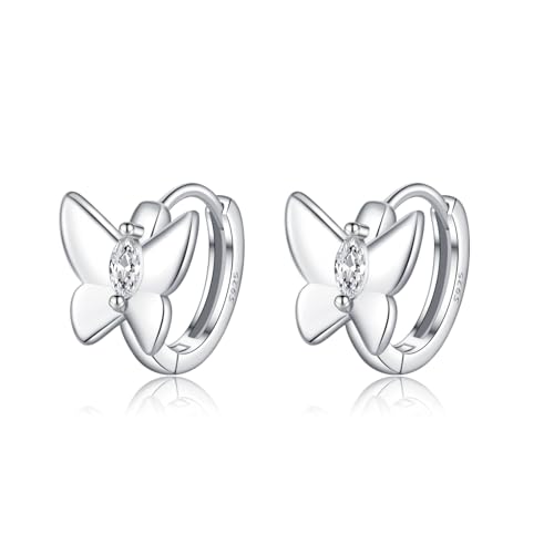 SLUYNZ Solid 925 Sterling Silver CZ Butterfly Earrings Hoop for Women Teens Butterfly Hoop Earrings Huggie