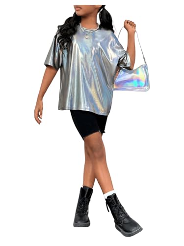 Image of Verdusa Girl's Metallic Oversized T-Shirt Disco Outfits Crew Neck Loose Y2k Dance Tops