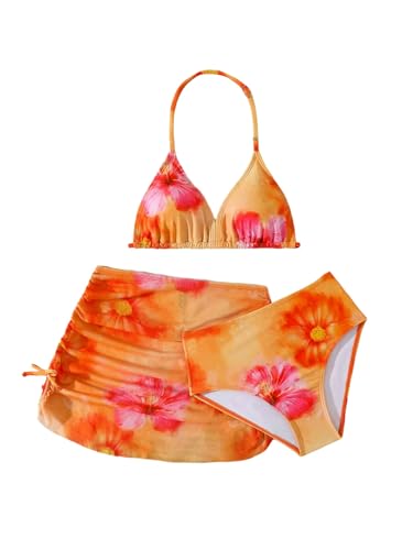 Girl's 3 Piece Swimsuits Floral High Waisted Halter Triangle Bikini Set with Cover Up Skirt