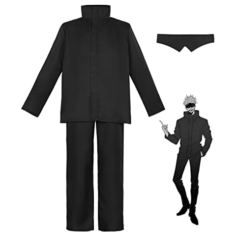IamaCos Gojo Satoru Uniform Anime Jujutsu Kaisen Cosplay Costume Halloween Outfits with Eye Mask + Jacket + Pants, Black, M Cover