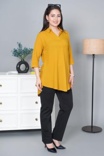 Image of Mlada Rayon Flare Top for Women | 3 /4th Sleeve Regular Fit and Flare Top | Women Office Tops Tunic | Western Long Shirt Top for Women | Shirt Collar Top for Women | Rayon Tunic Tops for Women Western