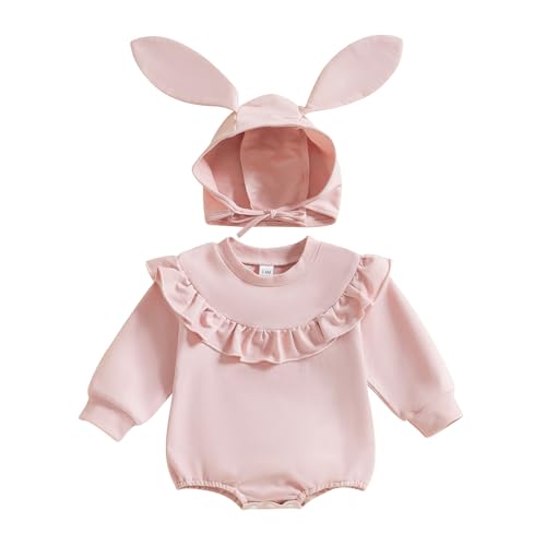 Image of citgeett My First Easter Baby Girl Outfit Long Sleeve Romper Pompom Onesie Newborn Girl Outfits Clothes with Bunny Hat