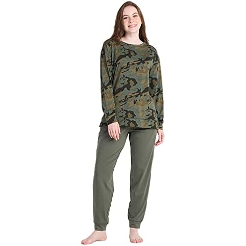 LAPASA Women's Jersey Knit Pyjama Set Relaxed Fit Loungewear Top & Bottom L110 (Green Camouflage + Dark Olive, XL) Cover