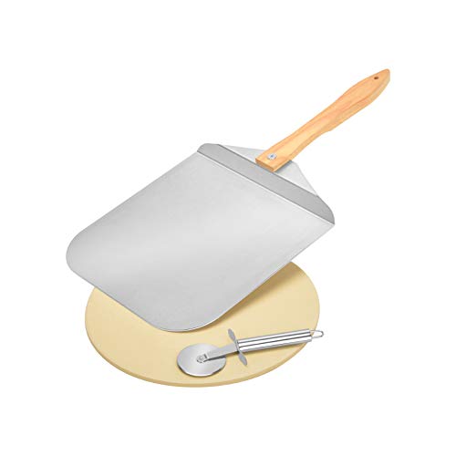 Skyflame Pizza Stone and Pizza Peel Set - 13” Round Baking Stone, 12 x 14” Aluminum Pizza Peel with Folding Handle, Stainless Steel Wheel Pizza Cutter - 3 Piece Pizza Making Kit for Grill and Oven